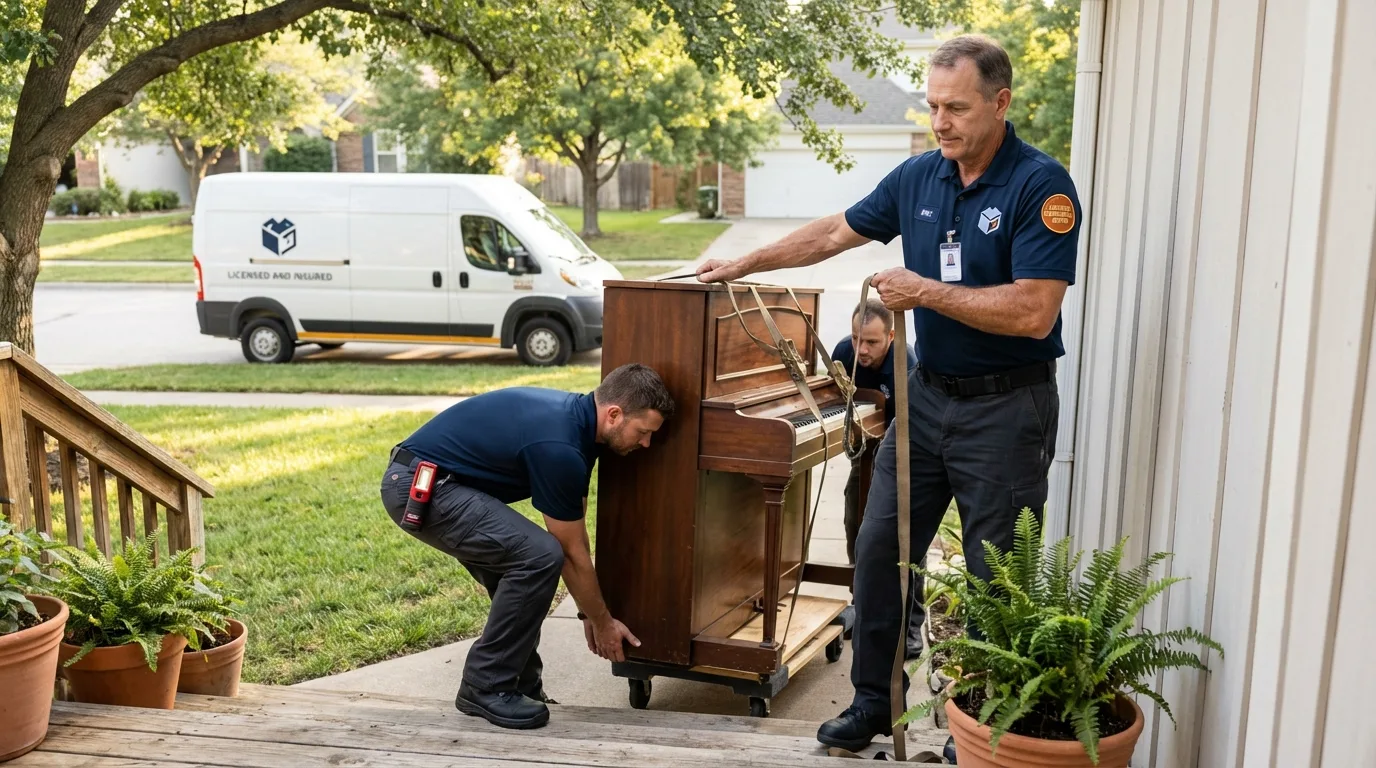 Licensed piano movers securing grand piano in Waveland, MS