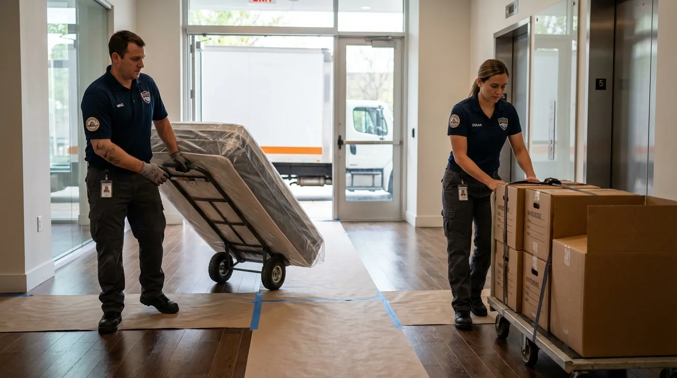 Professional apartment movers loading elevator in Waveland, MS